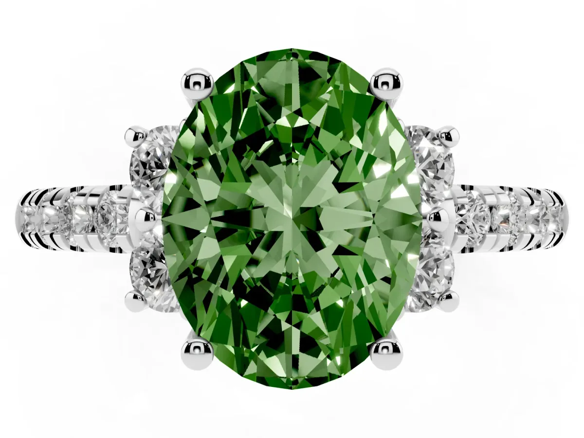 Fancy Green Oval Cut Diamond Three-Stone Pave Band with Four-Prong Setting Platinum