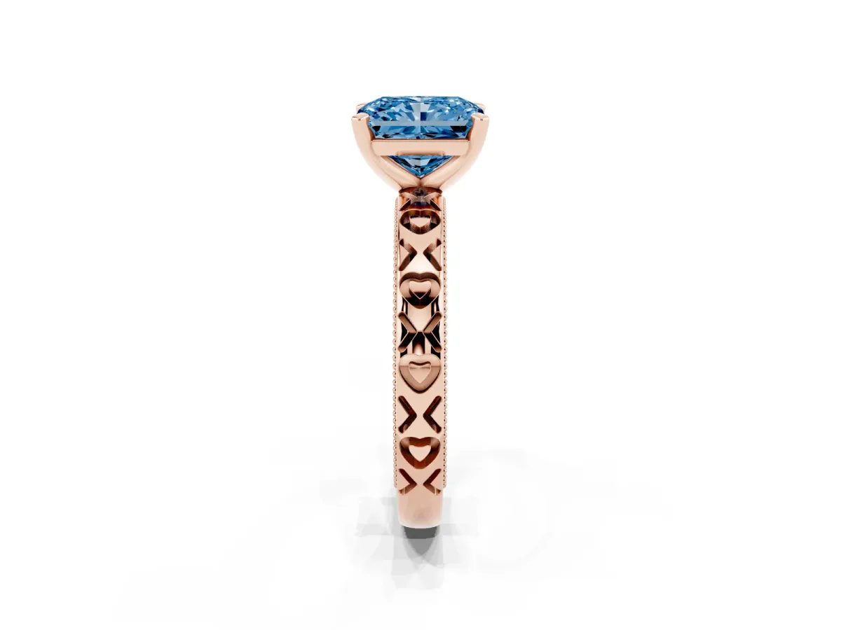 Fancy Blue Radiant Cut Solitaire Diamond Engagement Ring with XO Engraved Band and Four-Prong Setting Rose gold