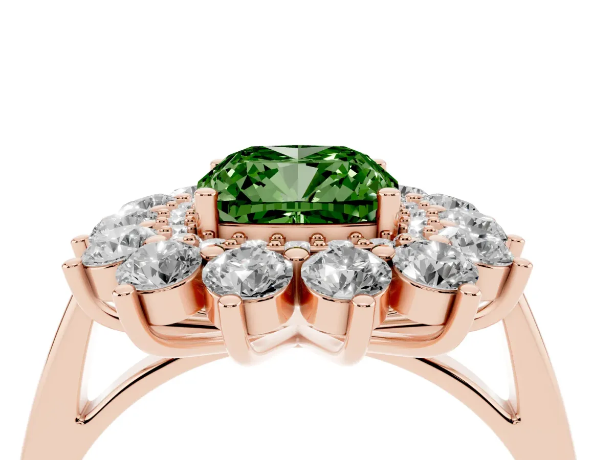 Fancy Green Cushion Cut Diamond Floral Double Halo Engagement Ring with Prong Setting Rose gold