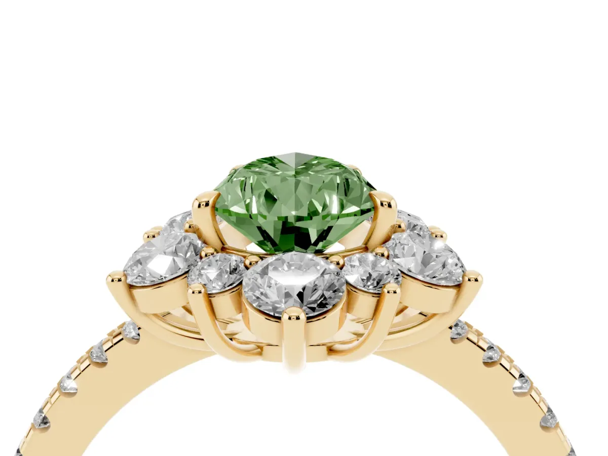 Fancy Green Pear Cut Diamond Floral Halo Ring with Round Pavé Band and Prong Setting Yellow gold