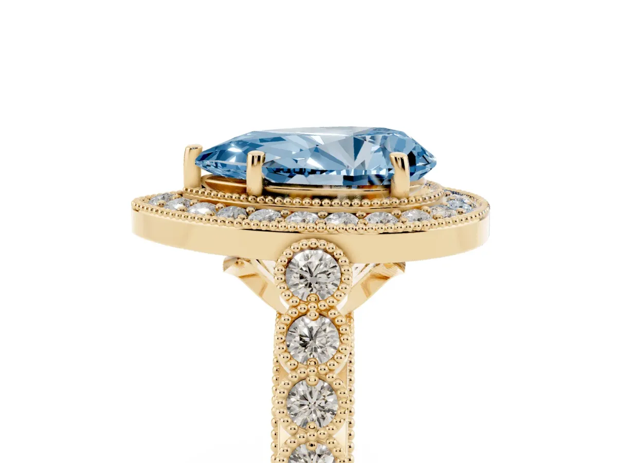 Fancy Blue Pear Cut Halo Twist Band Solitaire Ring with Six-Prong Setting Yellow gold