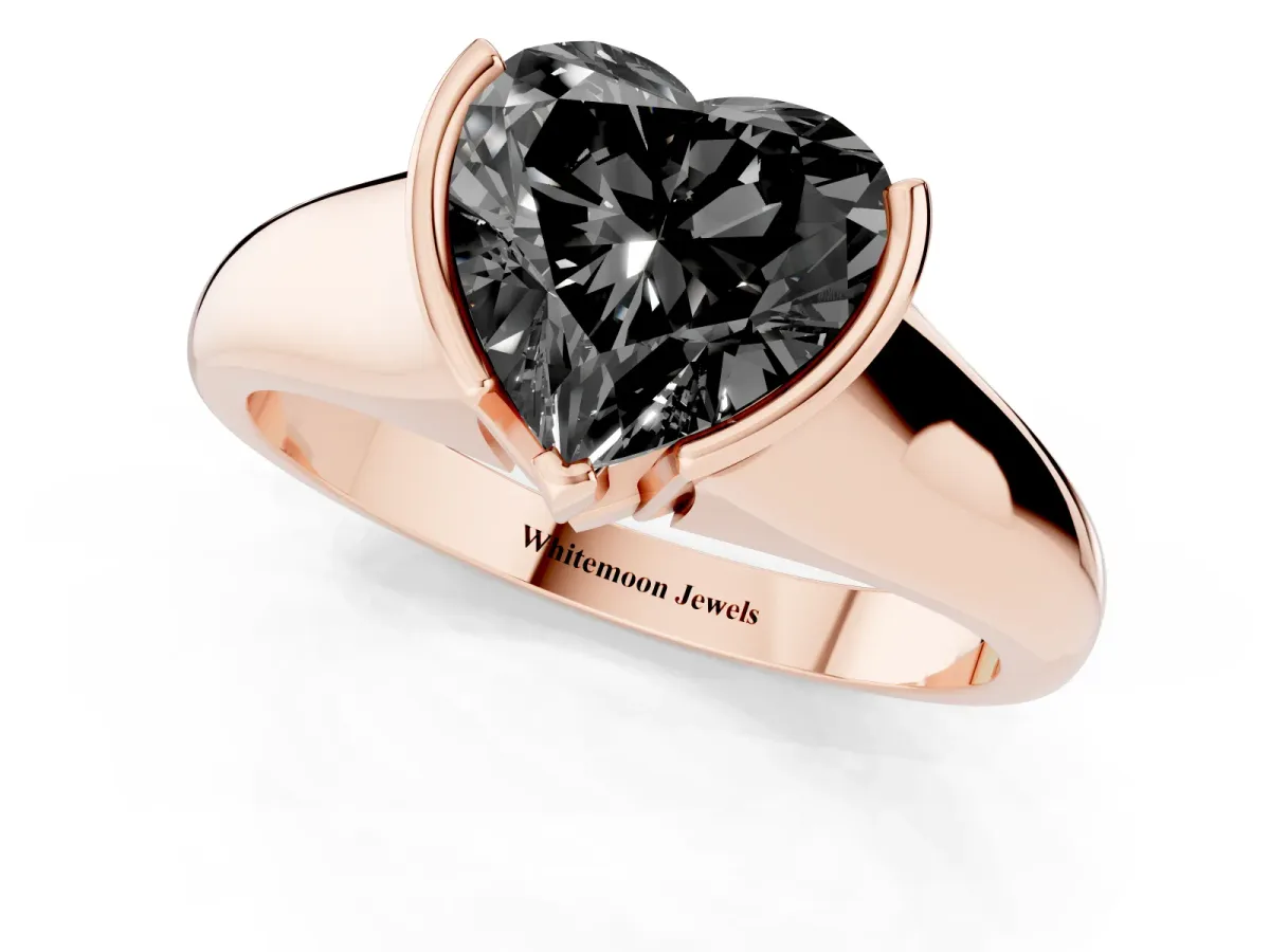 Fancy Black Heart Cut Solitaire Tension Set Diamond Ring with Split Shank Band Rose gold