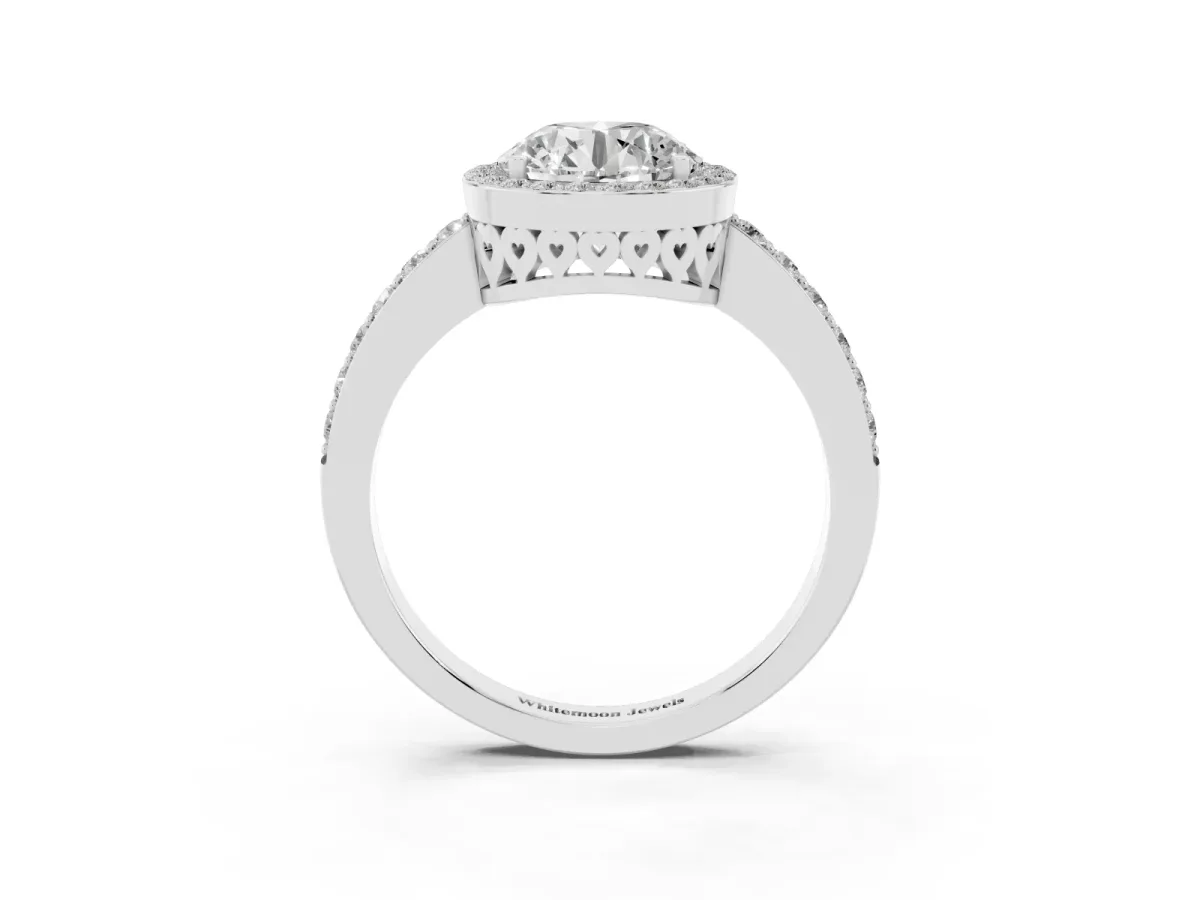 Round Cut Halo Diamond Pavé Band Ring with Prong Setting Platinum
