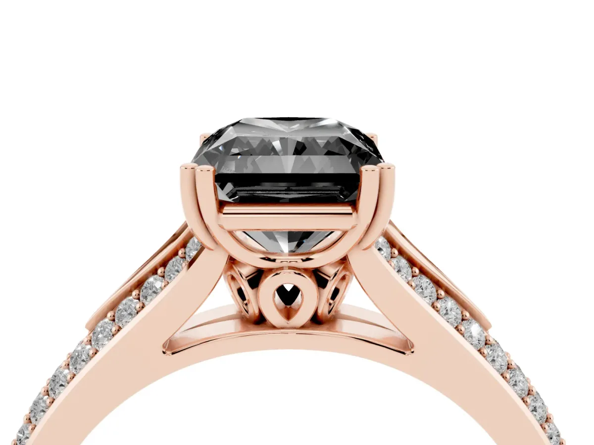Fancy Black Radiant Cut Diamond Split Shank Engagement Ring with Pavé Band Rose gold