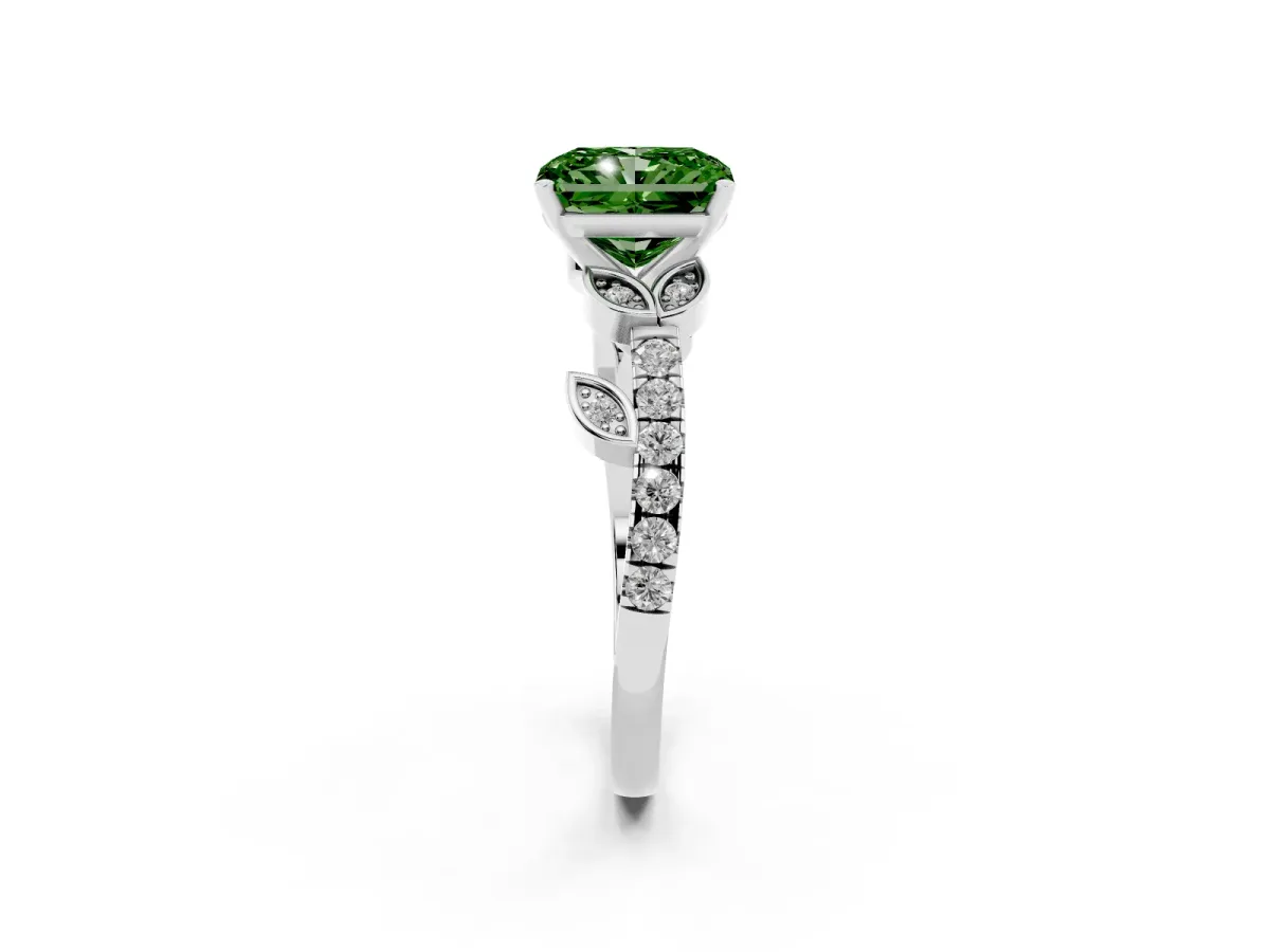Fancy Green Radiant Cut Solitaire Leaf-Inspired Diamond Ring with Pavé Band and Four-Prong Setting Silver