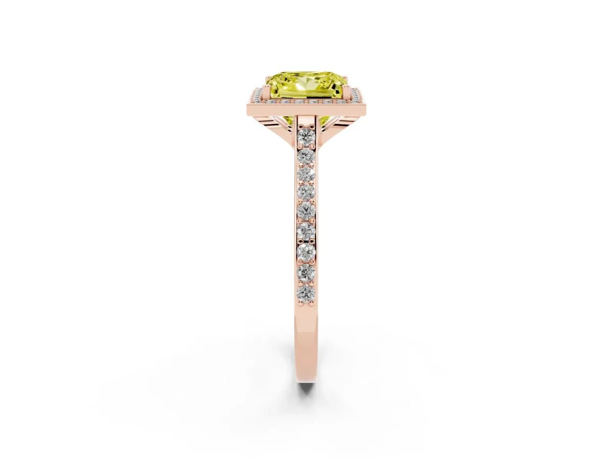 Fancy Yellow Princess Cut Diamond Halo Engagement Ring with Round Pavé Shoulders and Prong Setting Rose gold