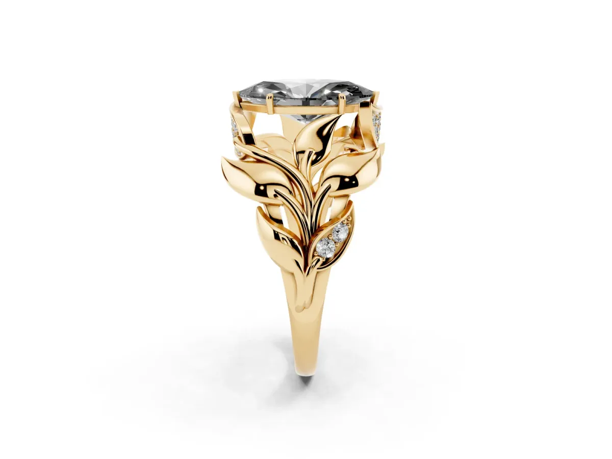Fancy Black Marquise Cut Diamond Leaf-Inspired Engagement Ring with Round Accents and Prong Setting Yellow gold