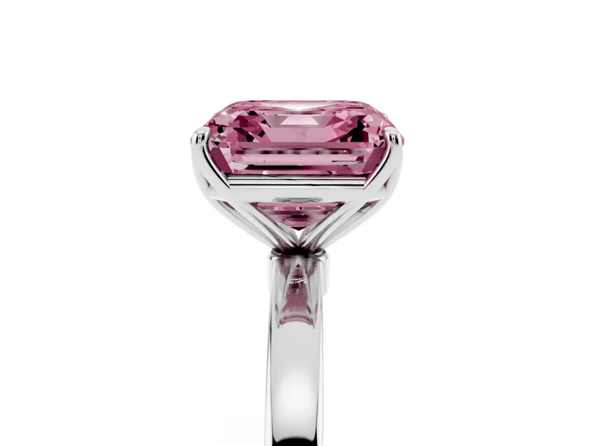 Fancy Pink Asscher Cut Diamond Solitaire Ring with Thin Band and Prong Setting Silver