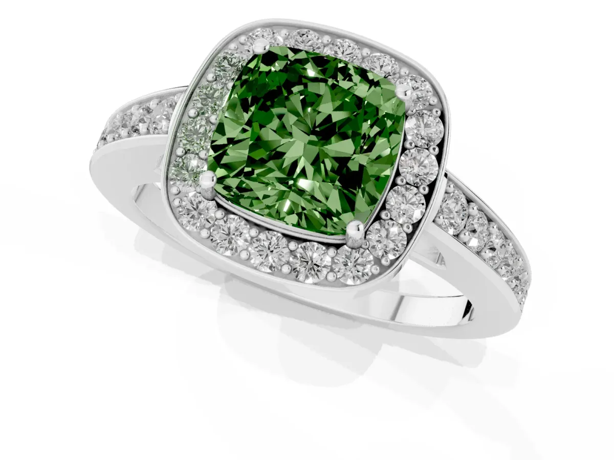 Fancy Green Cushion Cut Halo Pavé Diamond Engagement Ring with Bezel Setting Silver