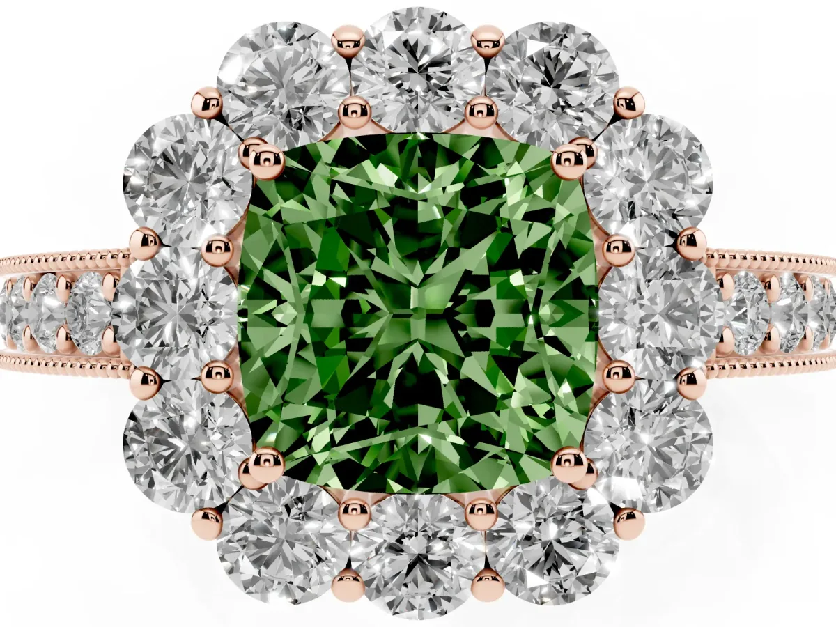 Fancy Green Cushion Cut Cut Halo Diamond Pavé Engagement Ring with Milgrain Detailing Rose gold