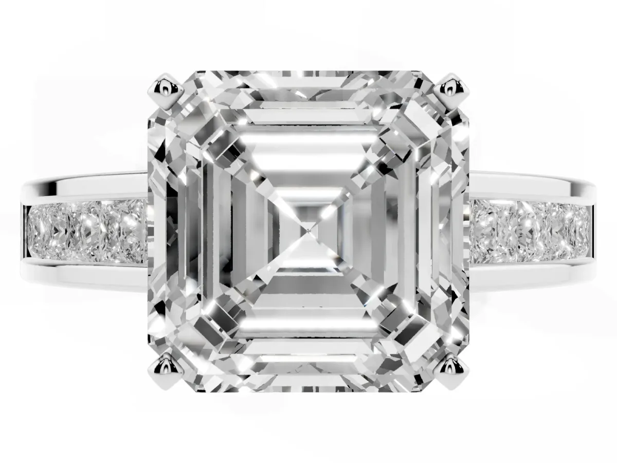 Asscher Cut Solitaire Diamond Ring with Channel-Set Band and Four-Prong Setting Silver