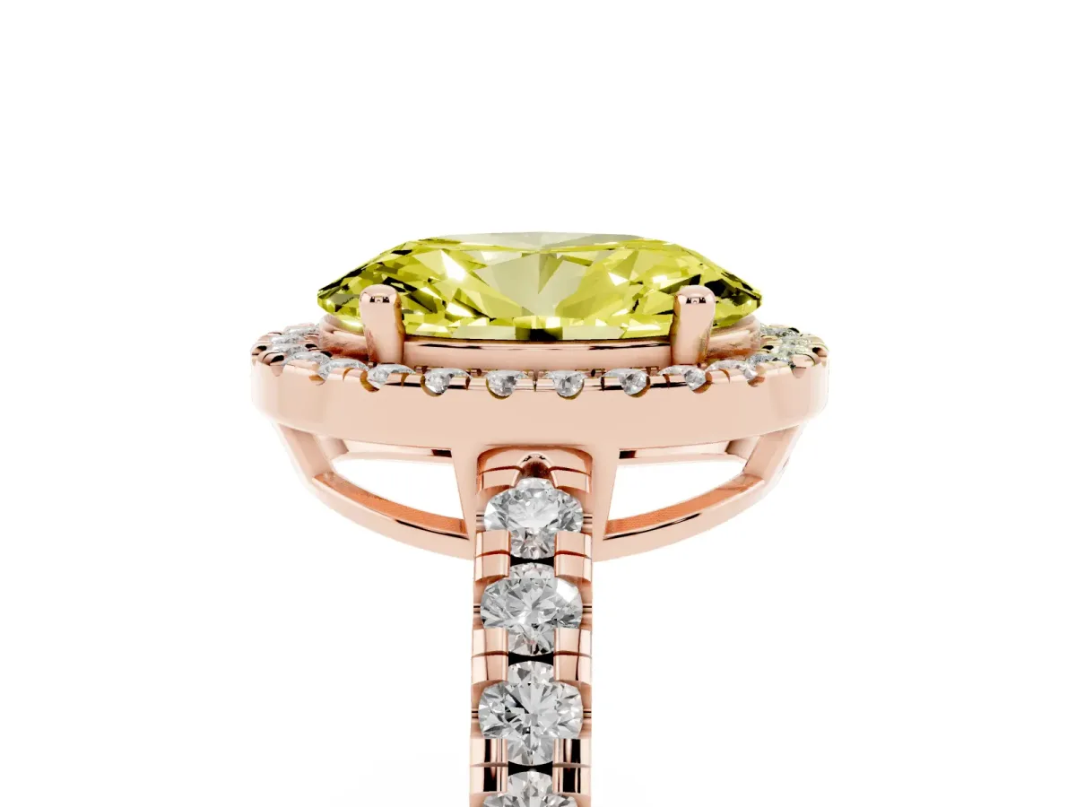 Fancy Yellow Oval Cut Diamond Halo Ring with Pavé Band and Four-Prong Setting Rose gold