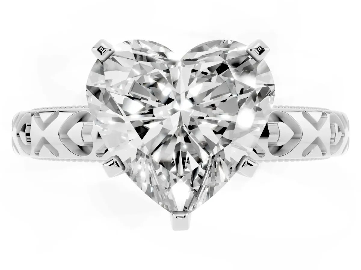 Heart Cut Solitaire Diamond Engagement Ring with XO Engraved Band and Four-Prong Setting Platinum