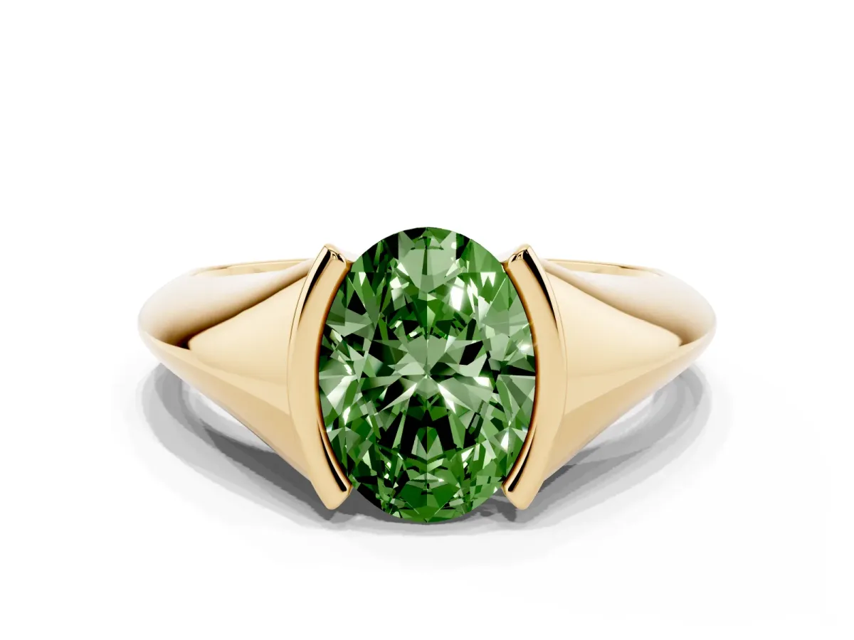 Fancy Green Oval Cut Solitaire Tension Set Diamond Ring Yellow gold