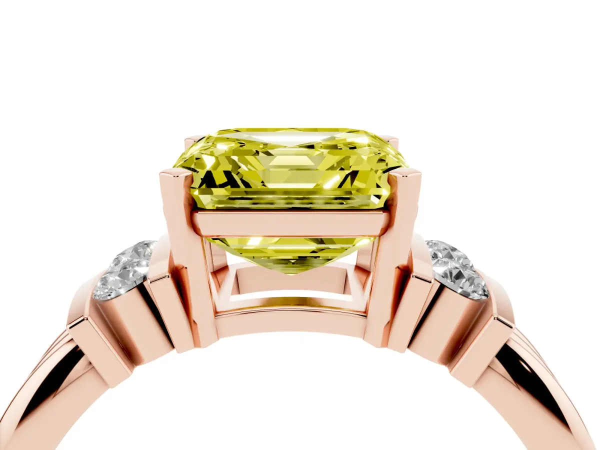 Fancy Yellow Asscher Cut Cut Three-Stone Channel Set Ring with Bar Prongs Rose gold