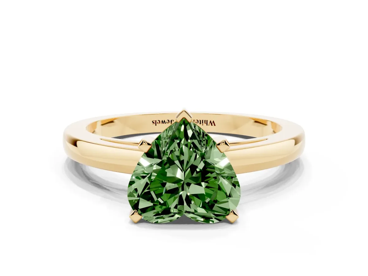 Fancy Green Heart Cut Solitaire Diamond Engagement Ring with Four-Prong Setting on a Classic Band Yellow gold