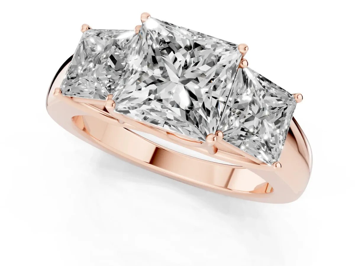 Three-Stone Princess Cut Cut Diamond Ring with Prong Setting and Classic Band Rose gold