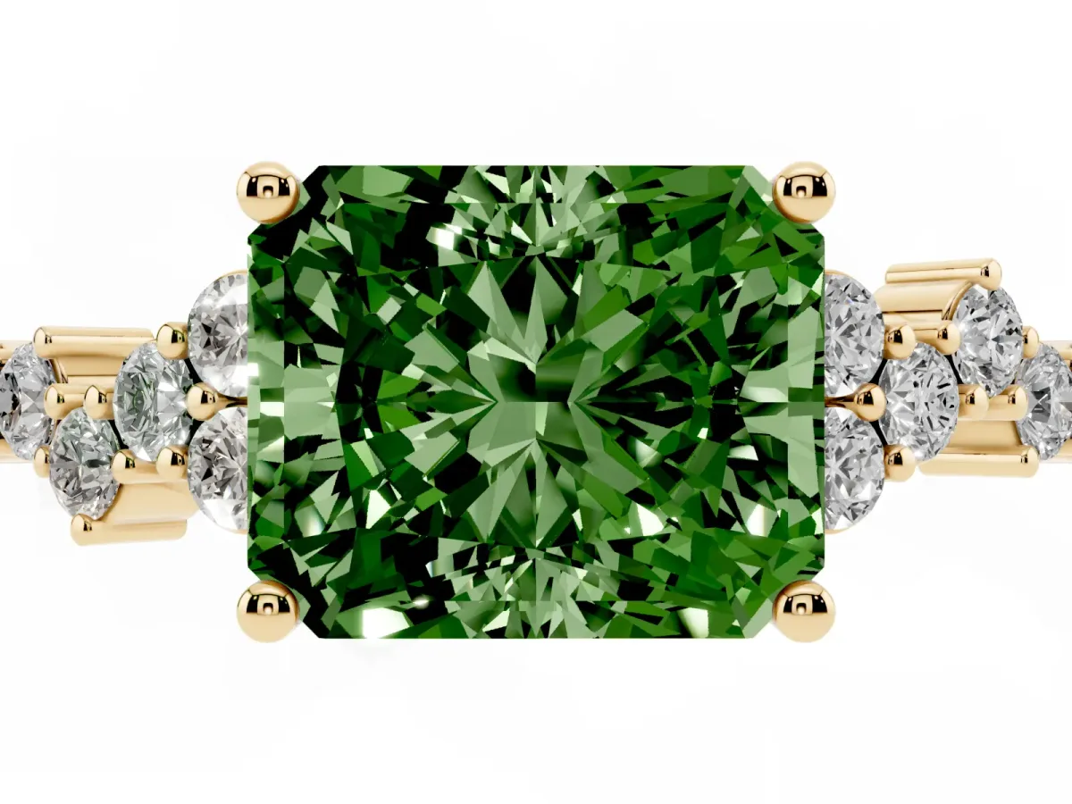 Fancy Green Radiant Cut Diamond Scattered Round Accent Ring with Prong Setting Yellow gold