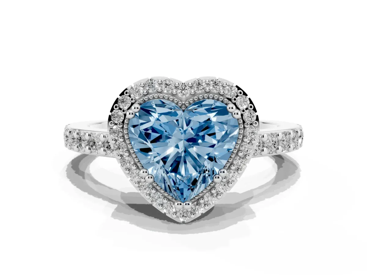 Fancy Blue Heart Cut Cut Diamond Halo Engagement Ring with Milgrain Detail and Pavé Band Platinum