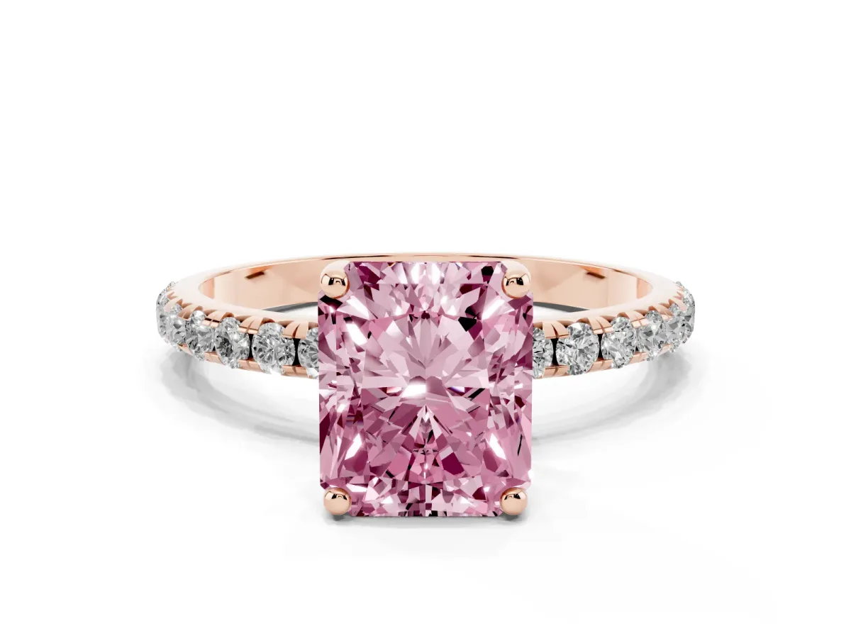 Fancy Pink Radiant Cut Cut Diamond Solitaire Ring with Micro Pave Band and Four Prong Setting Rose gold