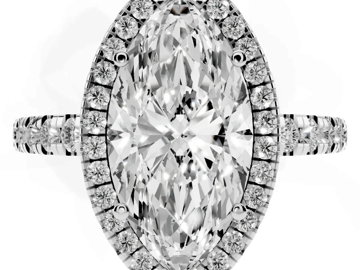 Marquise Cut Diamond Halo Ring with Pavé Band and Four-Prong Setting White gold