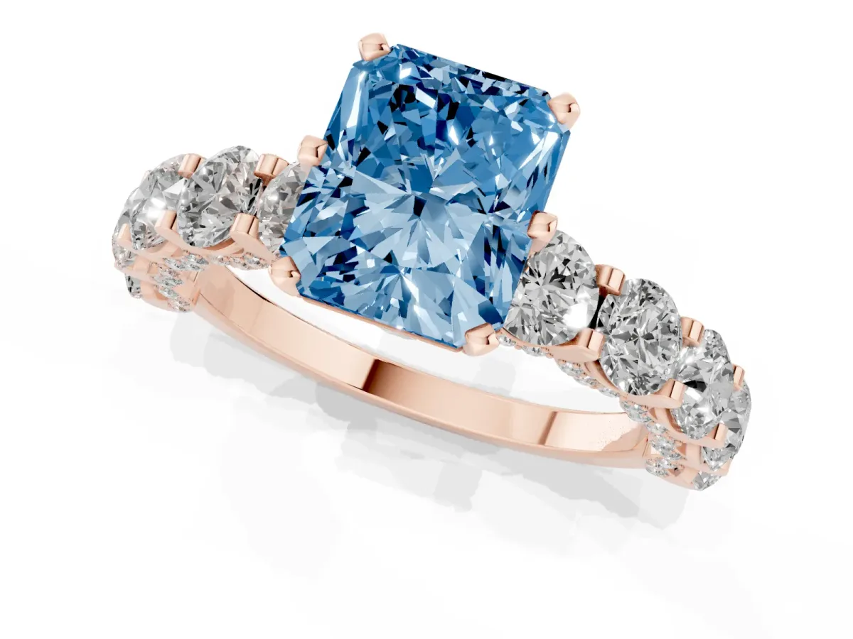 Fancy Blue Radiant Cut Diamond Side Stone Engagement Ring with Four-Prong Setting Rose gold
