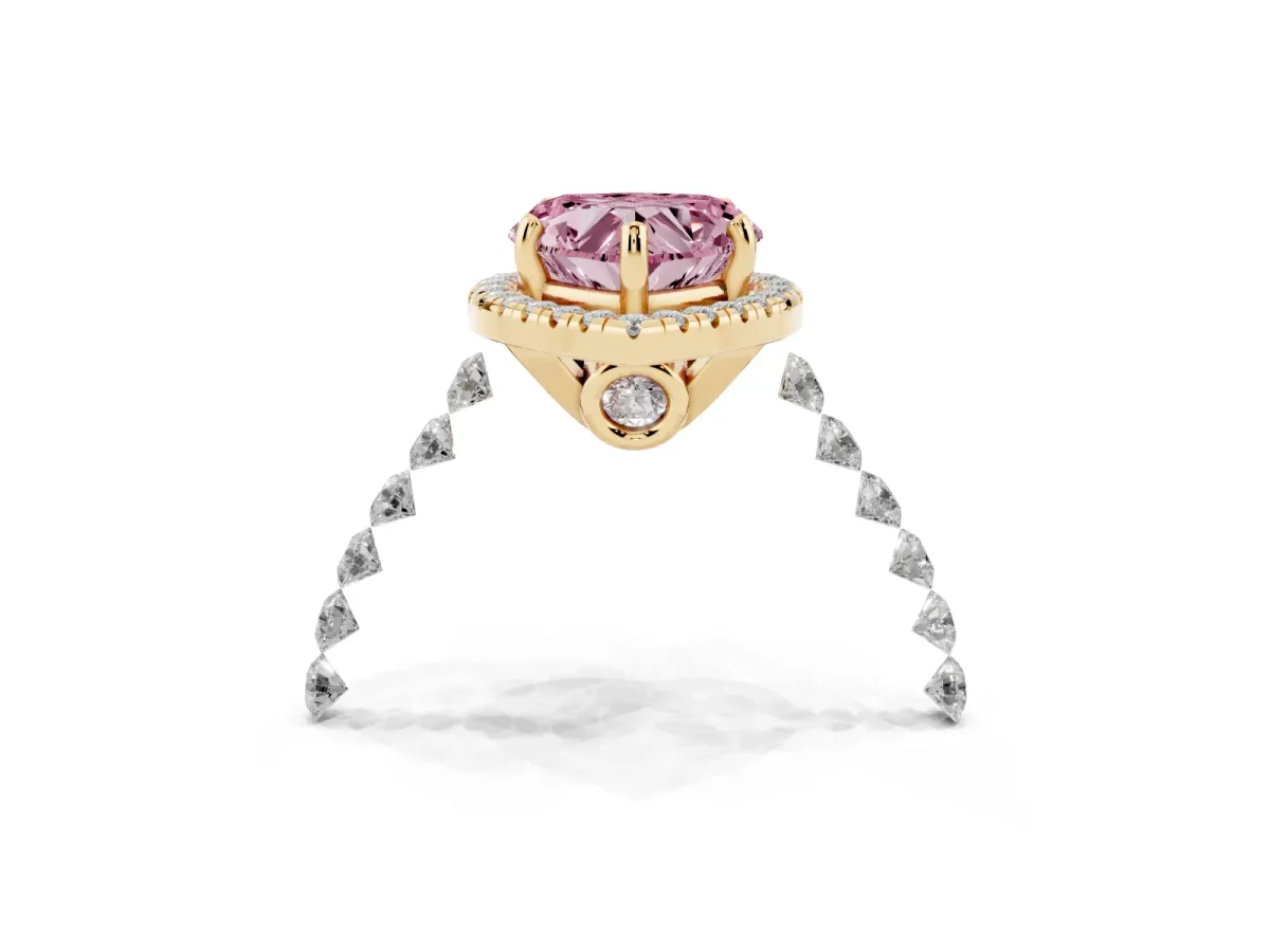 Fancy Pink Heart Cut Halo Pavé Diamond Engagement Ring with Four-Prong Setting Yellow gold