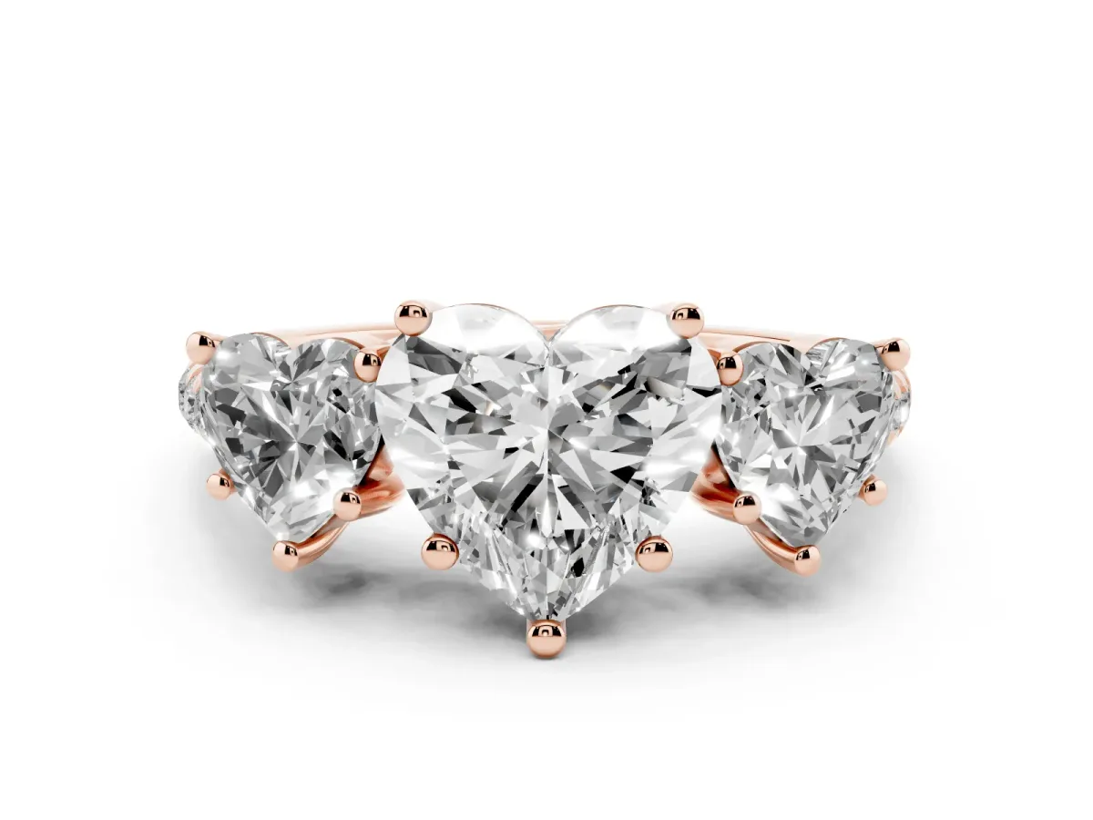 Three-Stone Heart Cut Diamond Ring with Round Pavé Band and Prong Setting Rose gold