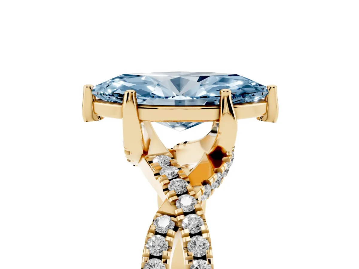 Fancy Blue Marquise Cut Solitaire Twist Pave Diamond Engagement Ring with Prong Setting Yellow gold