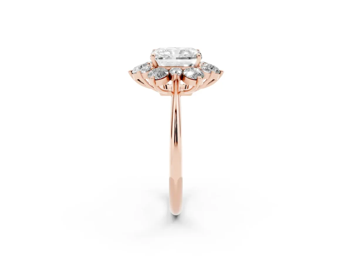Radiant Cut Diamond Cluster Halo Ring with Solitaire Band and Four-Prong Setting Rose gold
