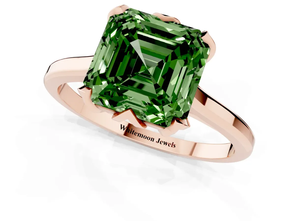 Fancy Green Asscher Cut Diamond Solitaire Ring with Flower Prong Setting and Classic Band Rose gold