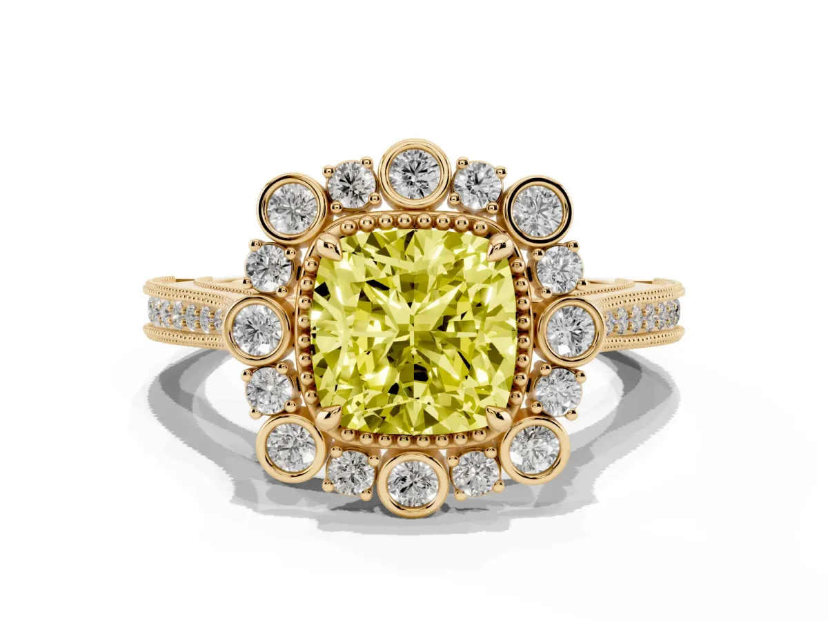 Fancy Yellow Cushion Cut Halo Milgrain Pave Diamond Ring with Four-Prong Setting Yellow gold