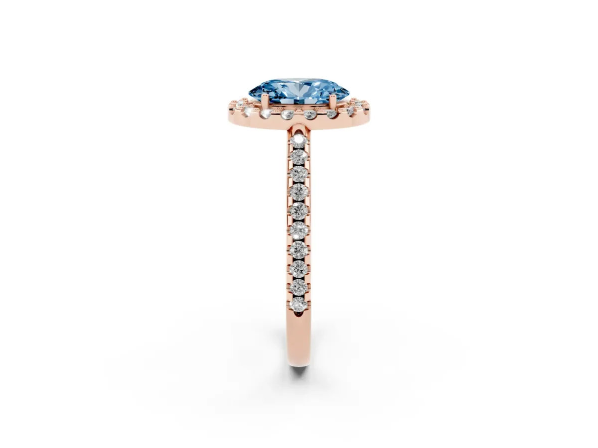Fancy Blue Oval Cut Diamond Pavé Halo Ring with Four-Prong Setting Rose gold