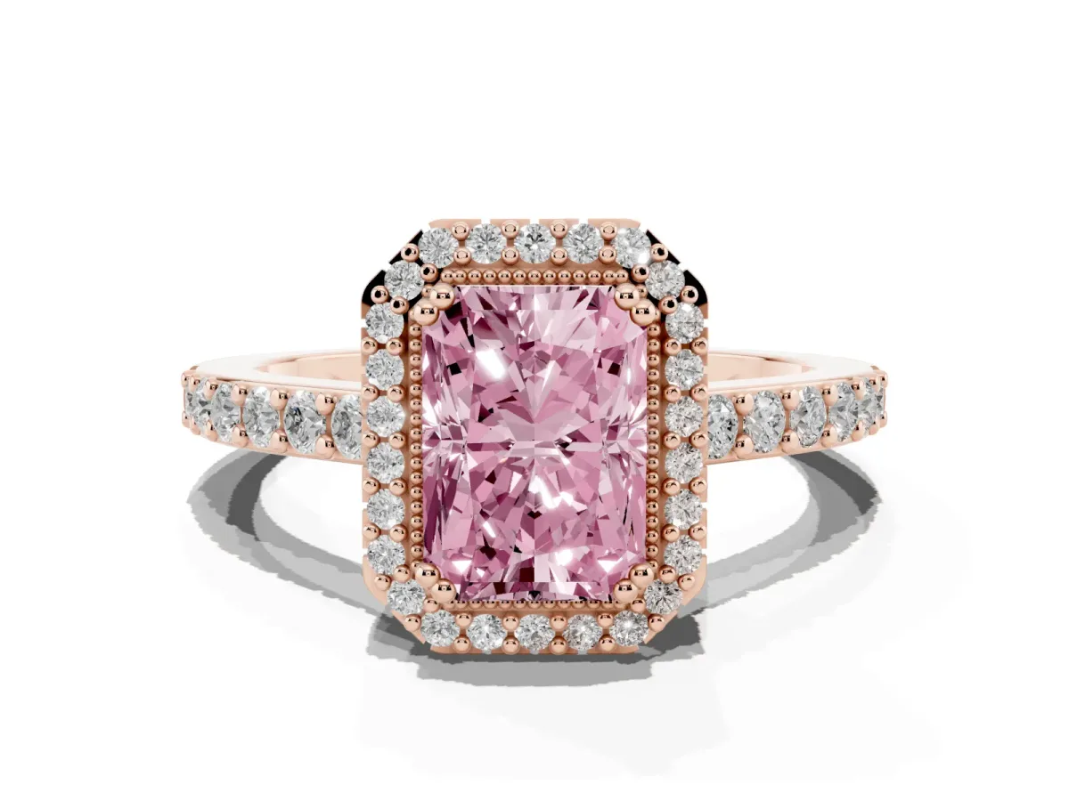 Fancy Pink Radiant Cut Cut Diamond Halo Engagement Ring with Milgrain Detail and Pavé Band Rose gold