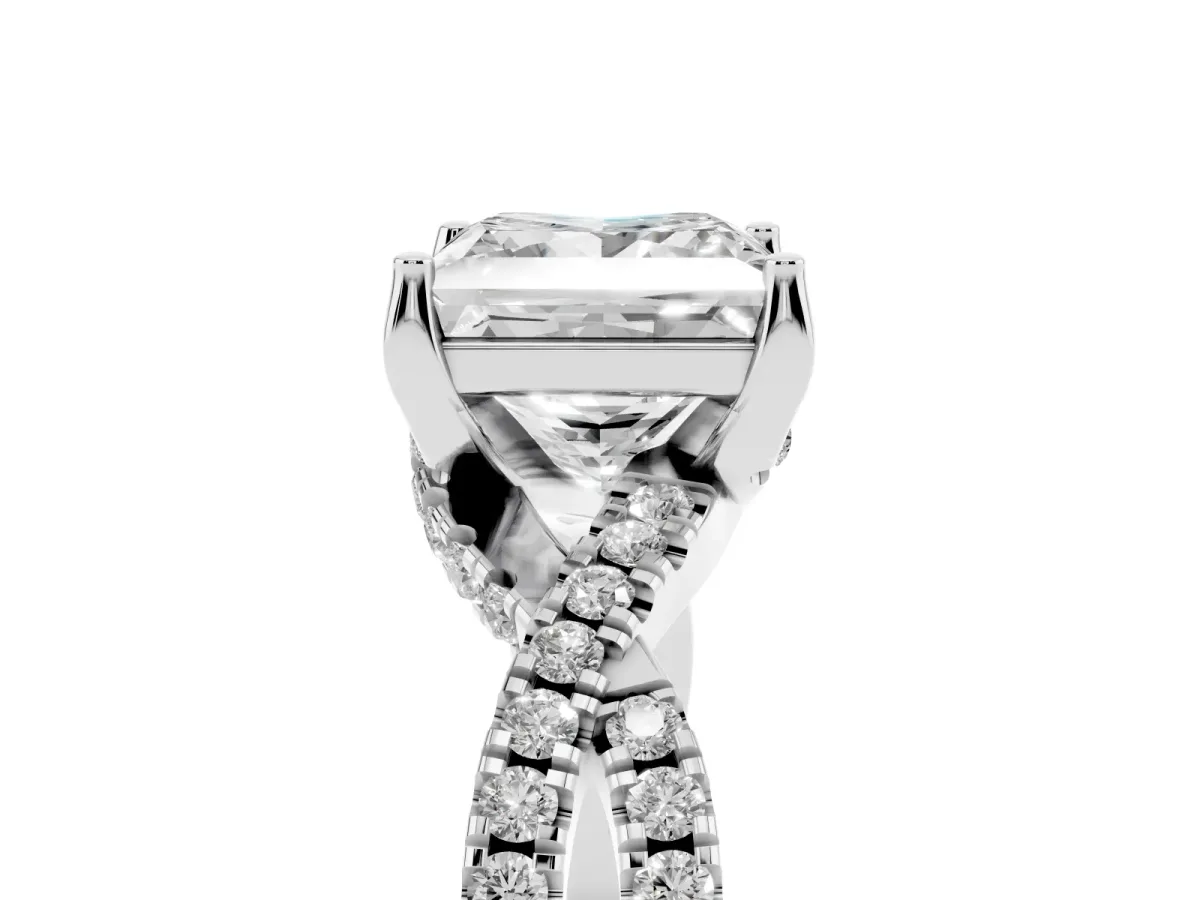 Princess Cut Solitaire Twist Pave Diamond Engagement Ring with Prong Setting Silver