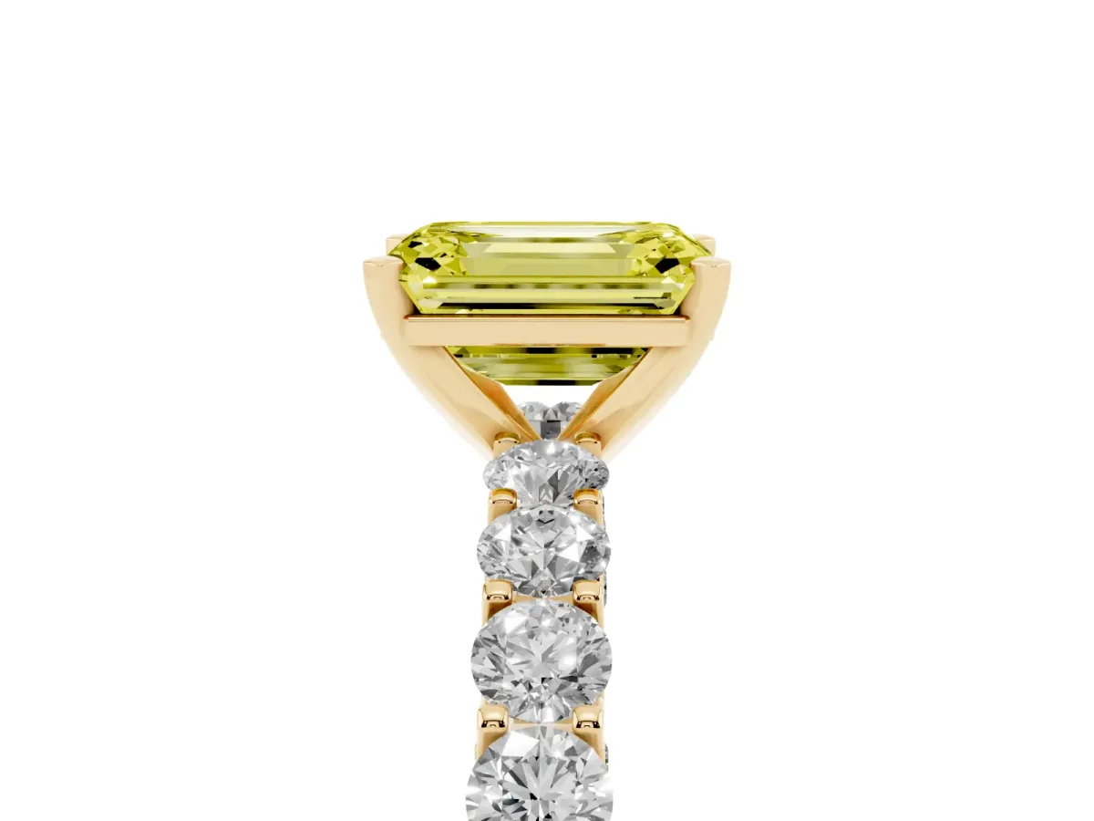 Fancy Yellow Emerald Cut Diamond Solitaire Ring with Shared Prong Pavé Band and Four-Prong Setting Yellow gold