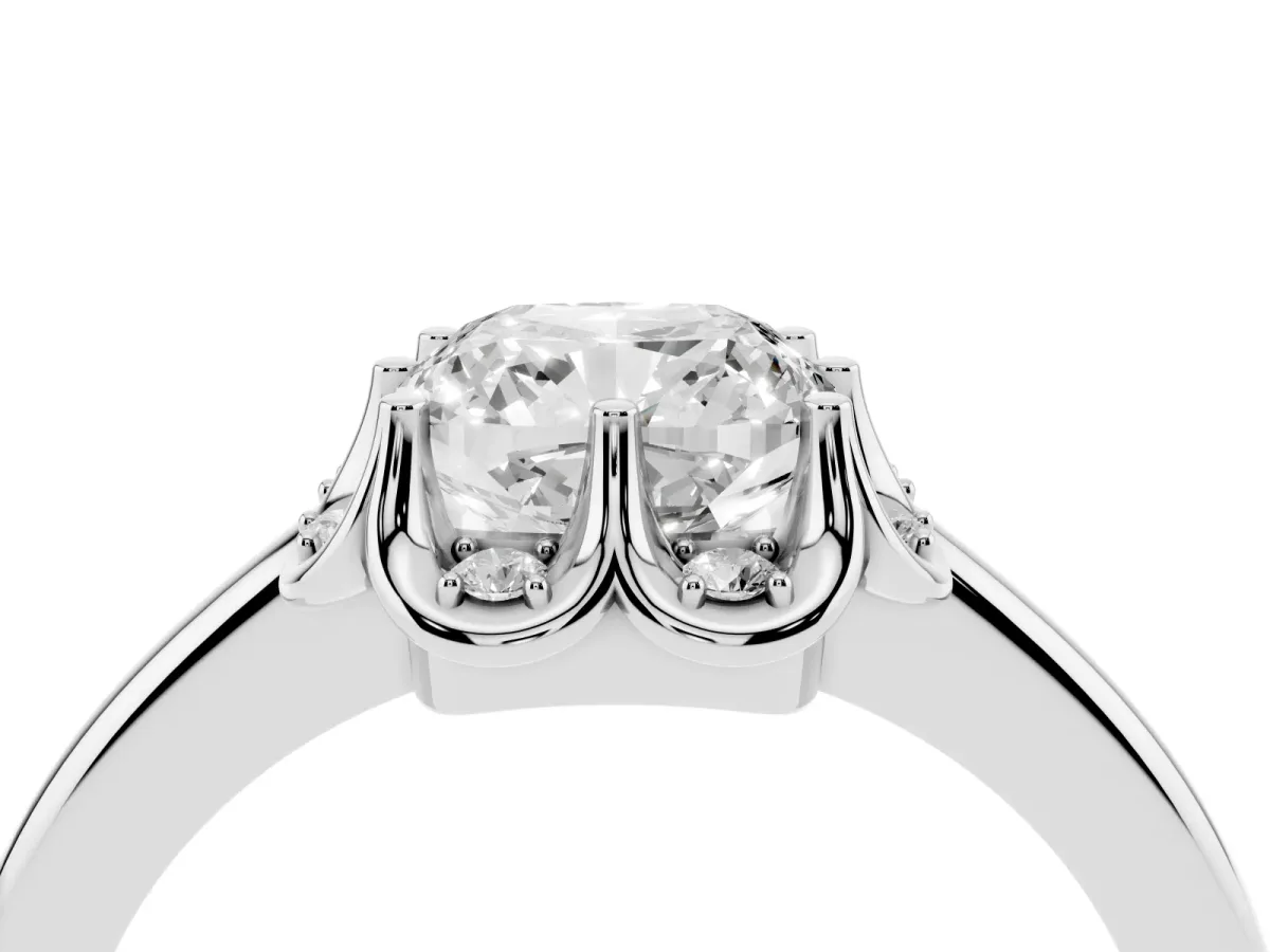 Cushion Cut Halo Diamond Ring with Round Cluster Setting, Solitaire Band, and Four-Prong Setting Platinum