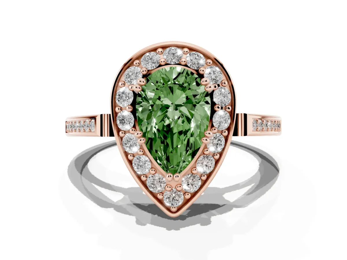Fancy Green Pear Cut Diamond Halo Ring with Split Shank and Four-Prong Setting Rose gold