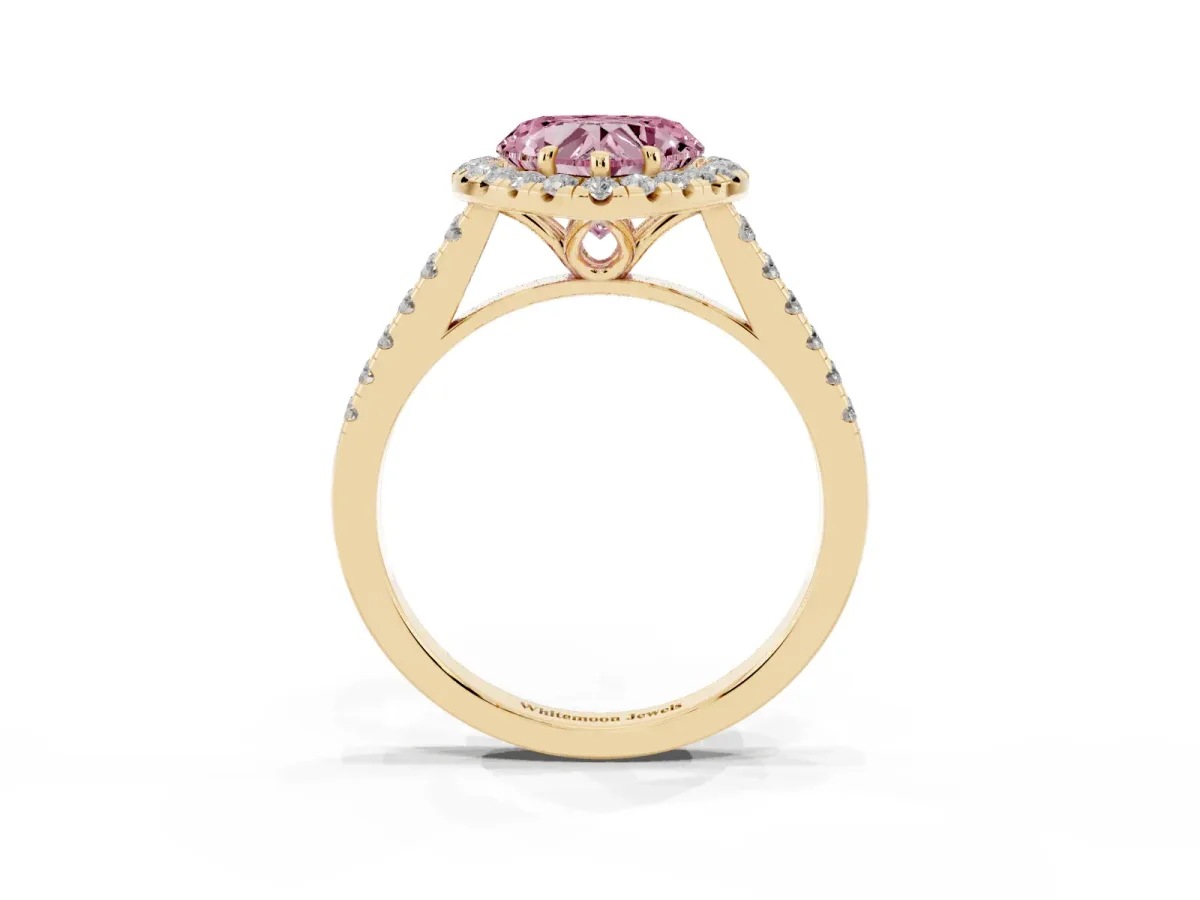 Fancy Pink Heart Cut Halo Pavé Diamond Engagement Ring with Four-Prong Setting Yellow gold
