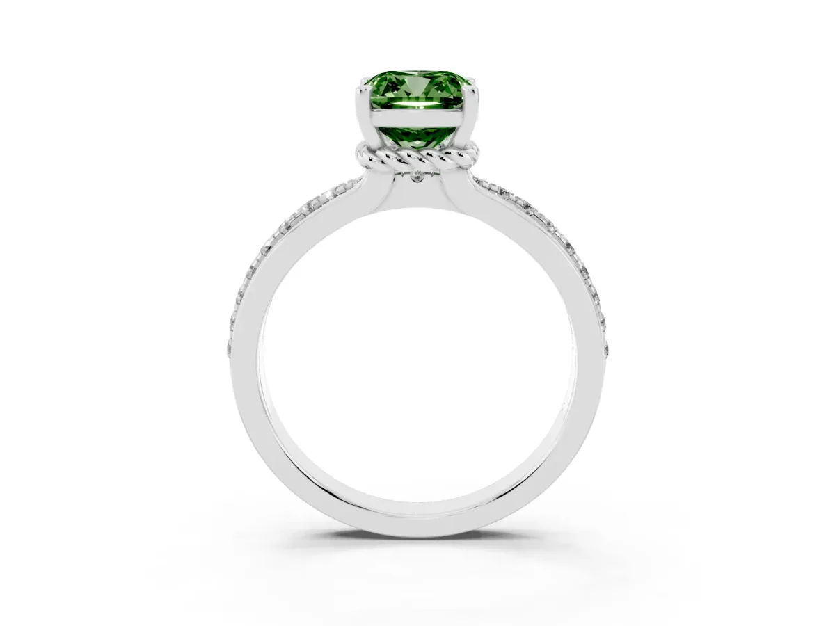 Fancy Green Cushion Cut Solitaire Diamond Ring with Channel Set Band and Six-Prong Setting Silver