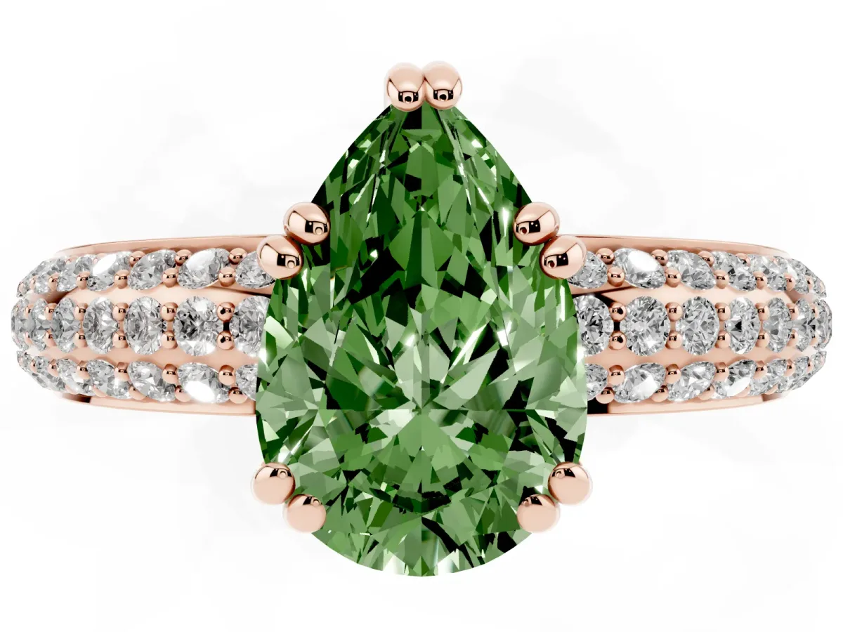 Fancy Green Pear Cut Diamond Solitaire Ring with Multi-Row Round Pavé Band and Prong Setting Rose gold
