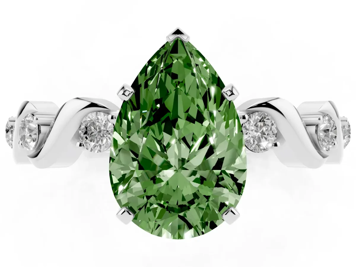 Fancy Green Pear Cut Diamond Solitaire Twisted Band with Round Accents and Prong Setting Platinum