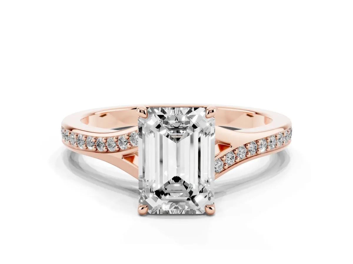 Emerald Cut Diamond Solitaire Ring with Pavé Band and Prong Setting Rose gold