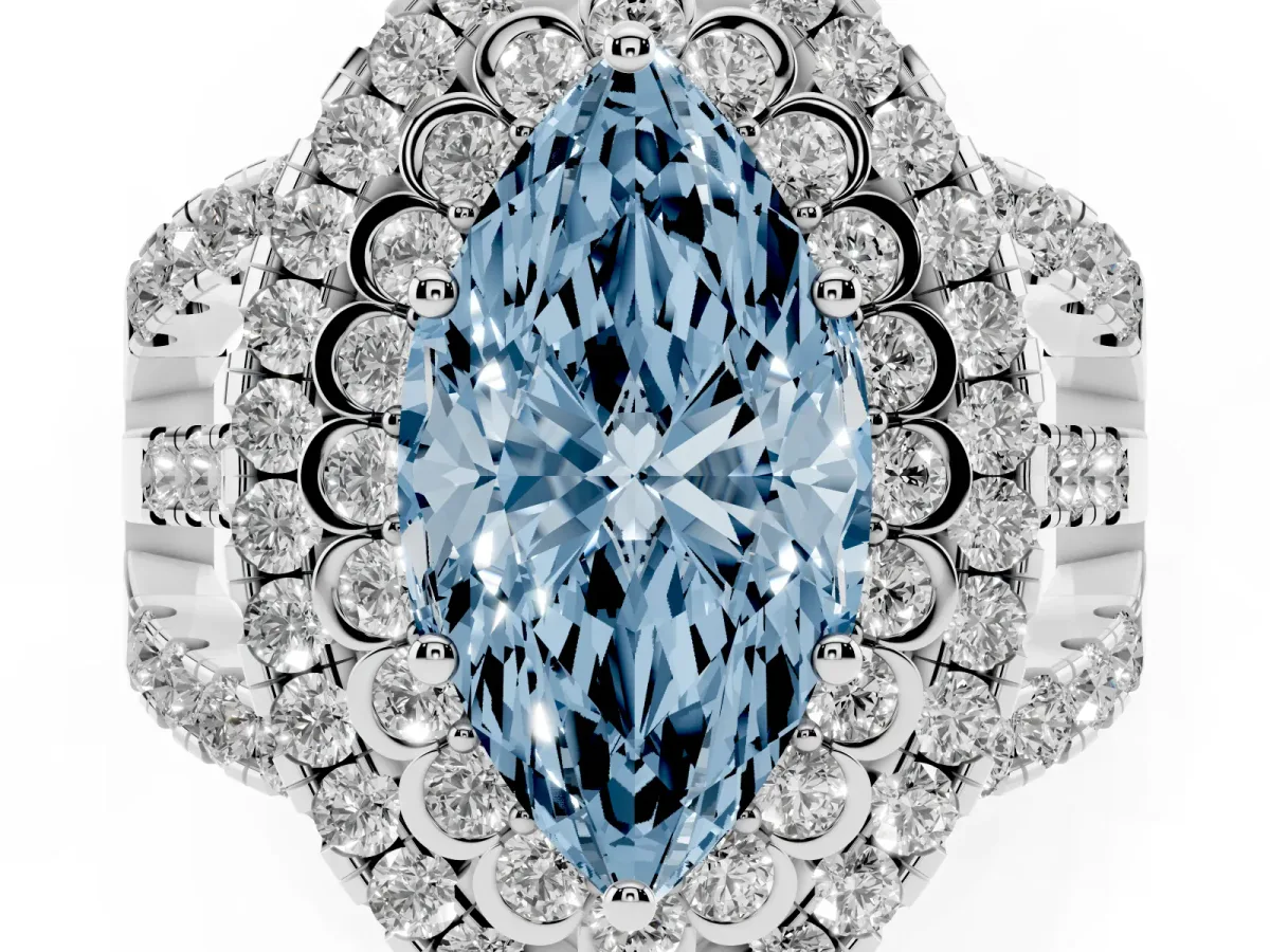 Fancy Blue Marquise Cut Diamond Double Halo Ring with Round Pavé Split Shank and Prong Setting Silver
