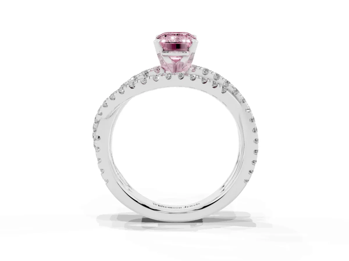 Fancy Pink Emerald Cut Solitaire Twist Band with Pavé Setting and Four-Prong Setting Silver
