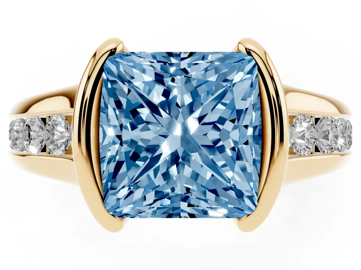 Fancy Blue Princess Cut Solitaire Bezel-Set Diamond Ring with Channel-Set Band Yellow gold
