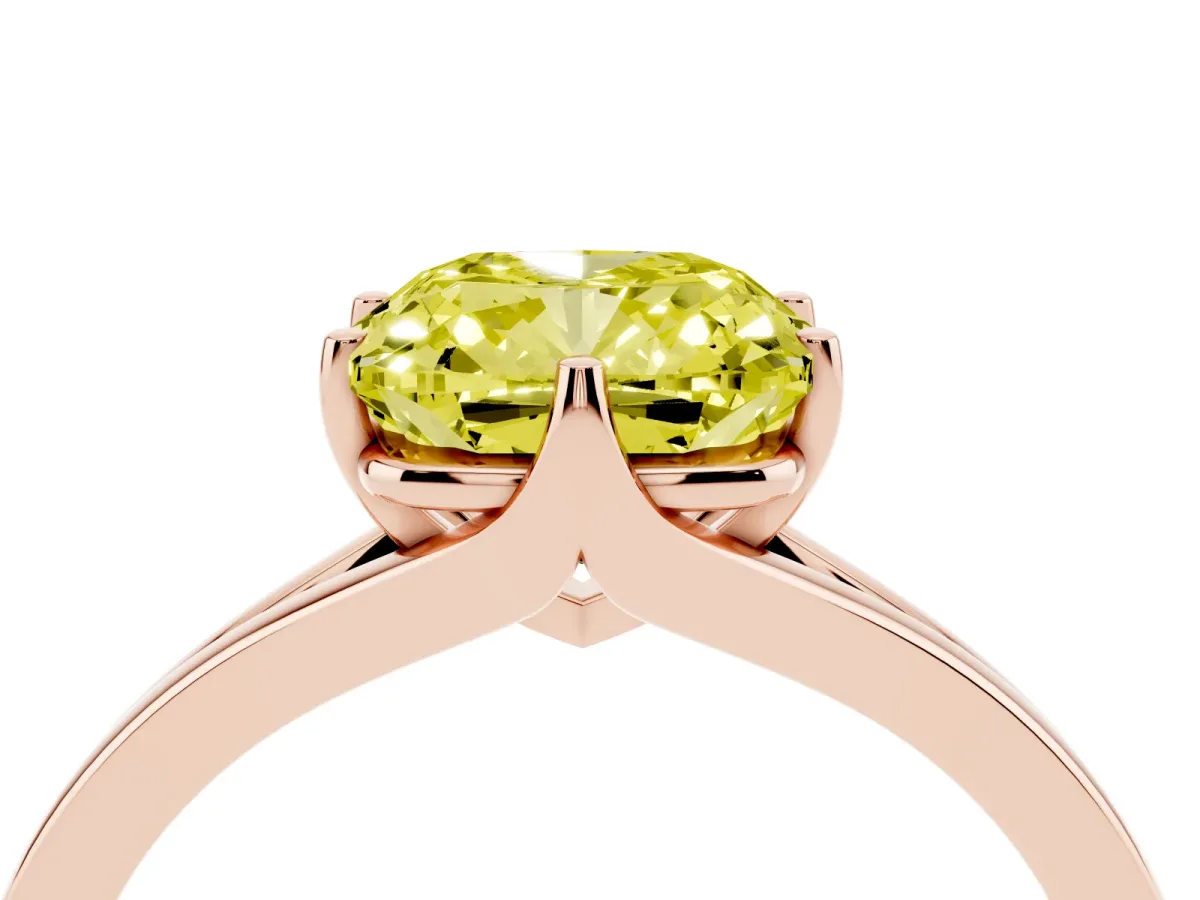 Fancy Yellow Cushion Cut Solitaire Diamond Ring with Six-Prong Setting and Tapered Band Rose gold