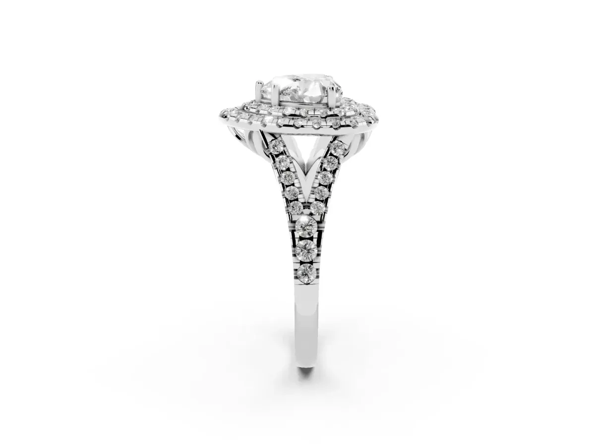 Double Halo Heart Cut Diamond Pavé Split Shank Ring with Prong Setting Silver