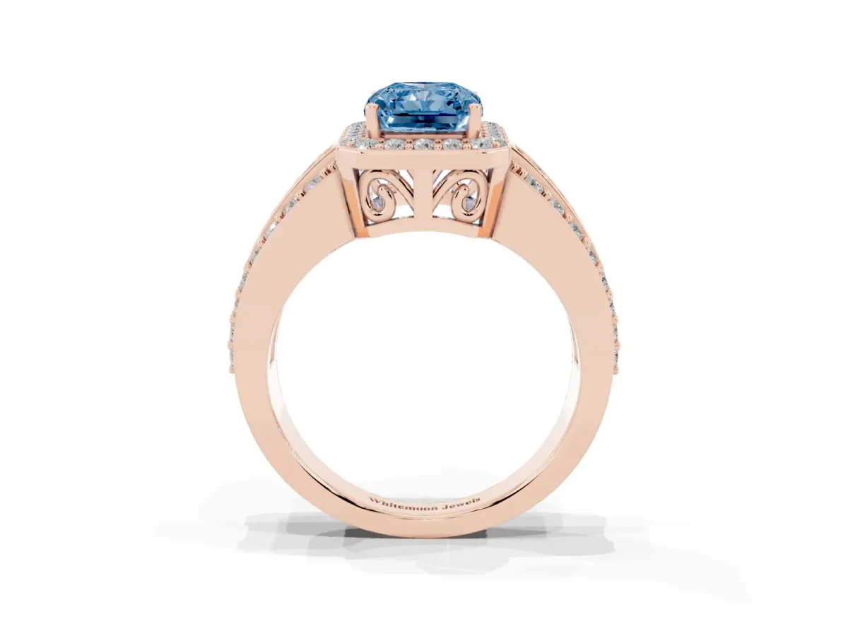 Fancy Blue Radiant Cut Halo Diamond Ring with Round Split Shank and Prong Setting Rose gold