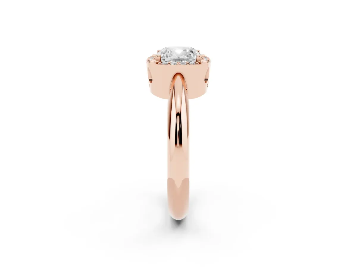 Cushion Cut Cut Diamond Halo Engagement Ring with Split Shank and Four-Prong Setting Rose gold